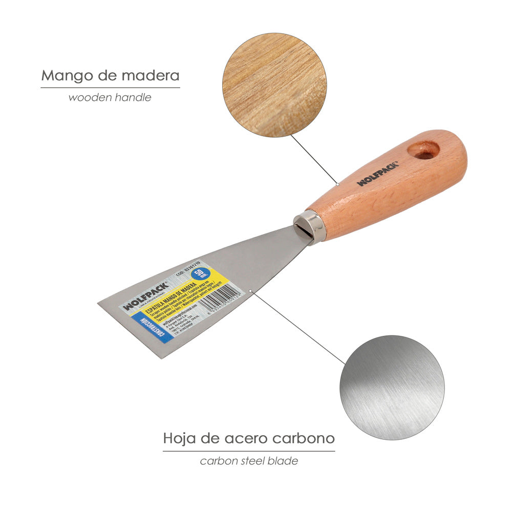Espátula mango madera hoja acero 50 mm aplicar yeso, pintora, masillas, pladur, etc.