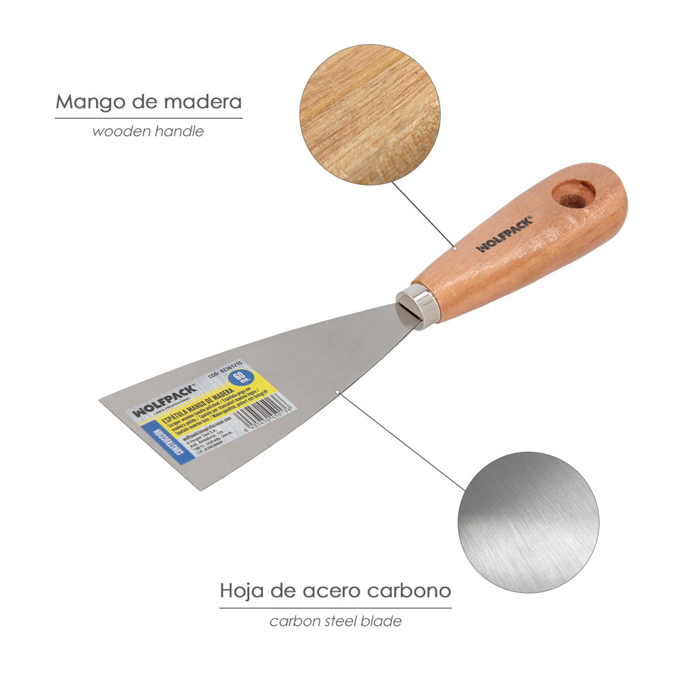 Espátula mango madera hoja acero 60 mm aplicar yeso, pintora, masillas, pladur, etc.