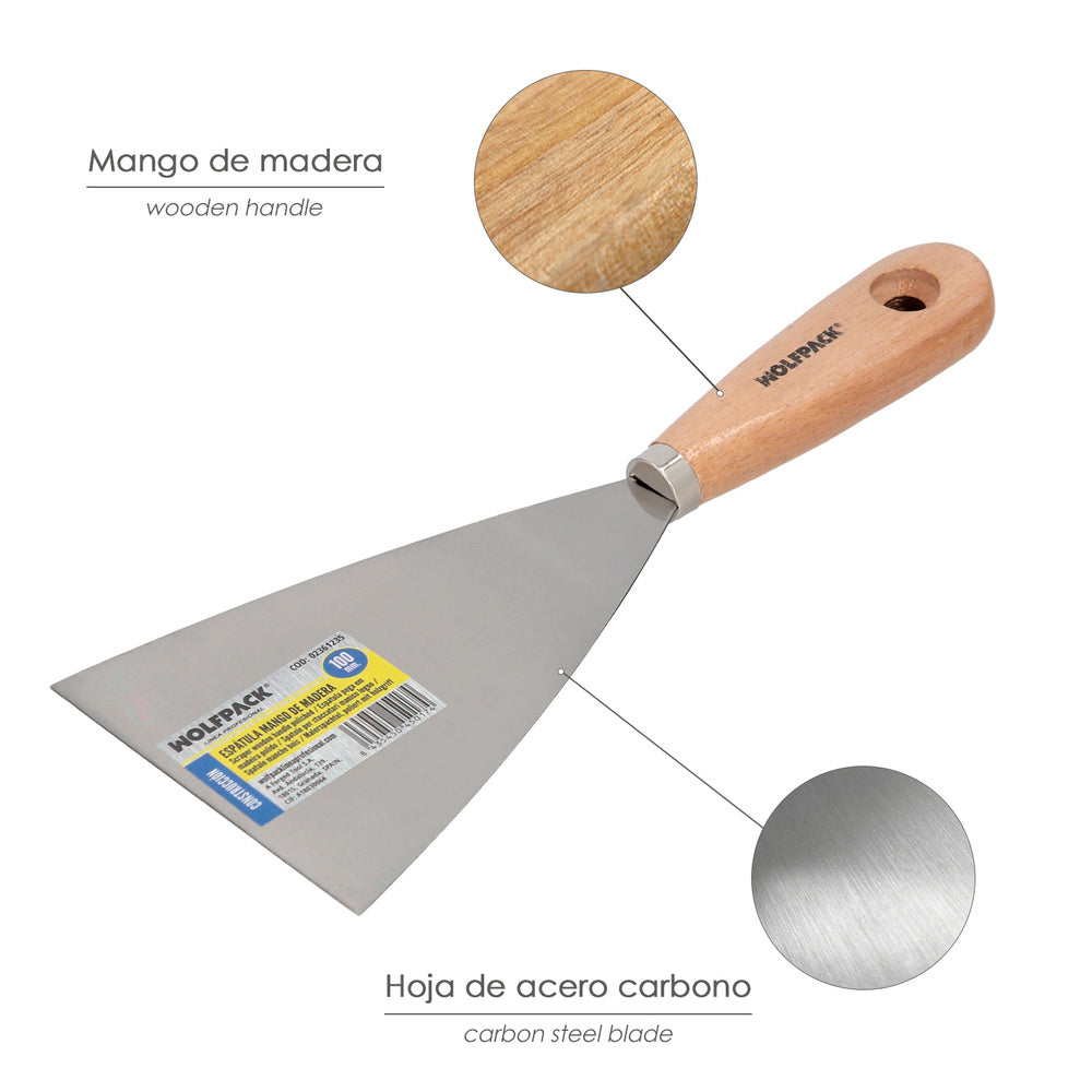 Espátula mango madera hoja acero 100 mm aplicar yeso, pintora, masillas, pladur, etc.