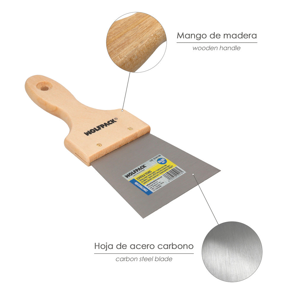 Espátula techos mango madera hoja acero 90 x 100 mm aplicar yeso, pintora, masillas, pladur, etc.