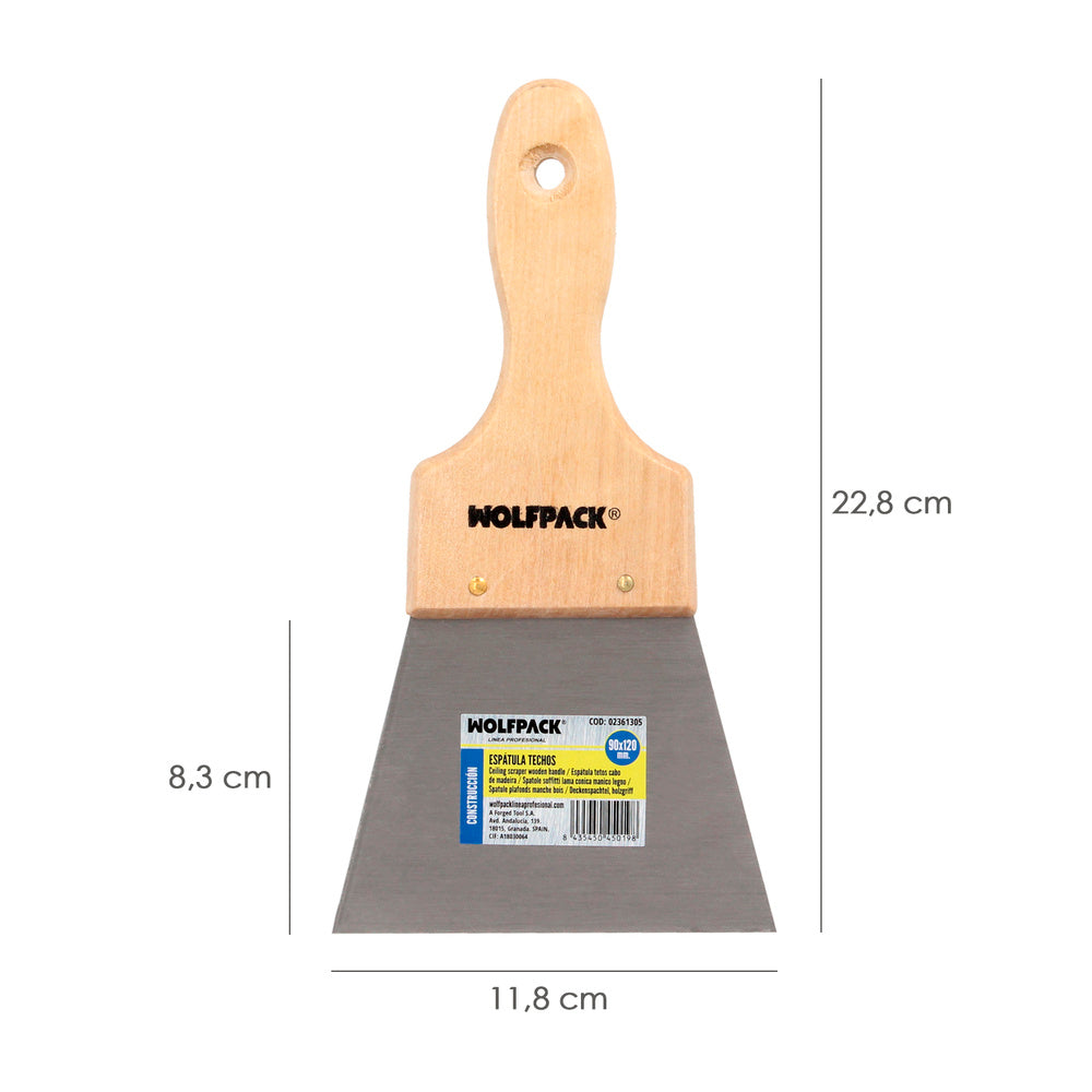Espátula techos mango madera hoja acero 90 x 120 mm aplicar yeso, pintora, masillas, pladur, etc.