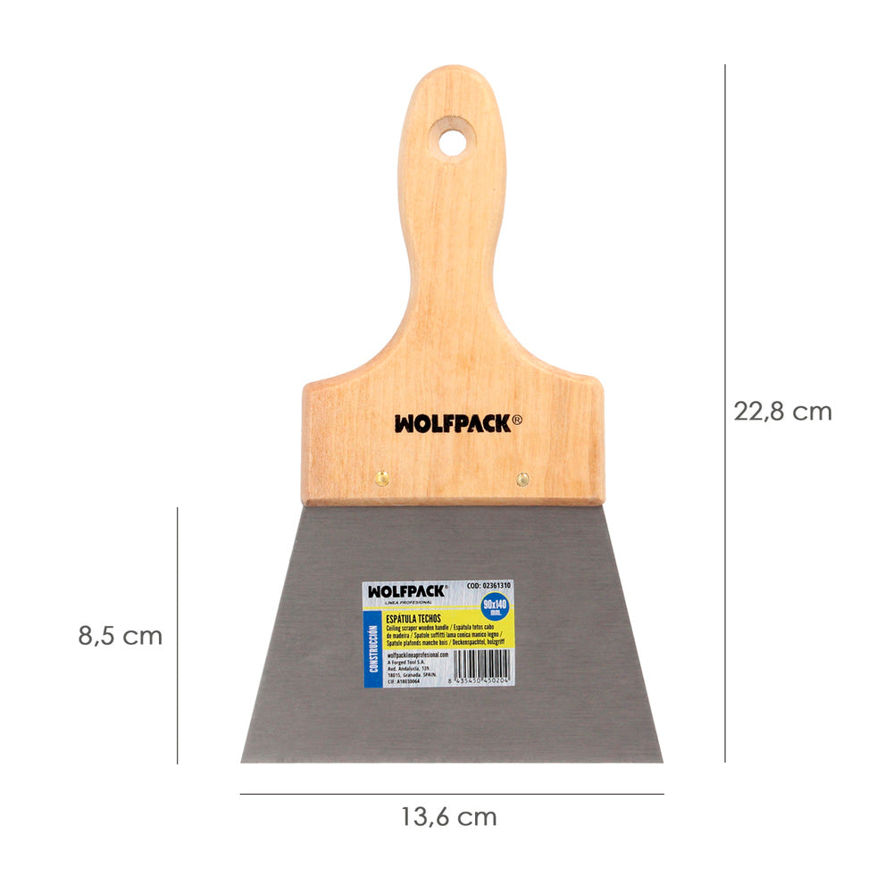 Espátula techos mango madera hoja acero 90 x 140 mm aplicar yeso, pintora, masillas, pladur, etc.