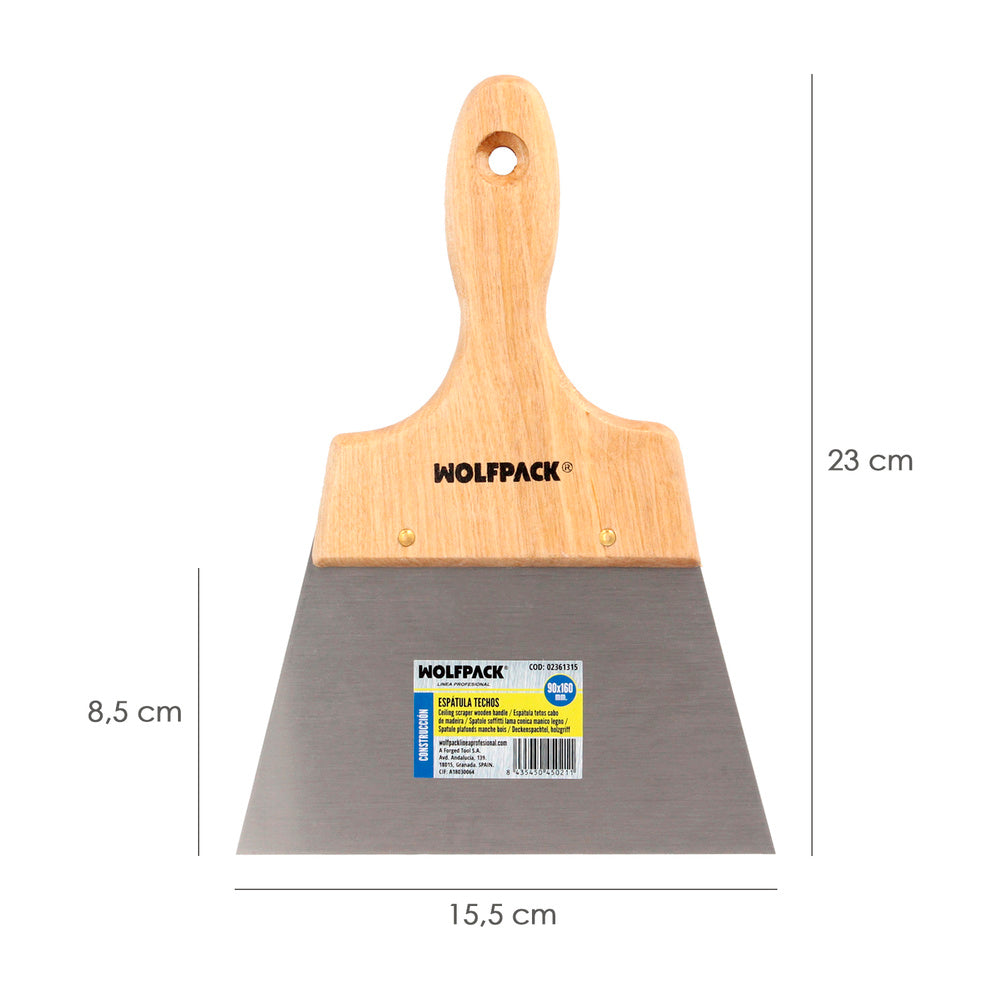 Espátula techos mango madera hoja acero 90 x 160 mm aplicar yeso, pintora, masillas, pladur, etc.