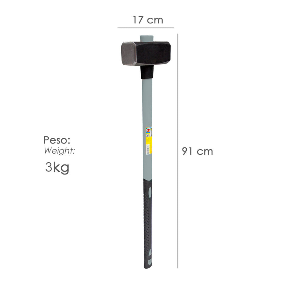 Maza con mango fibra vidrio 3 kg. Cabeza forjada, con anillo anti vibración, maza / porro