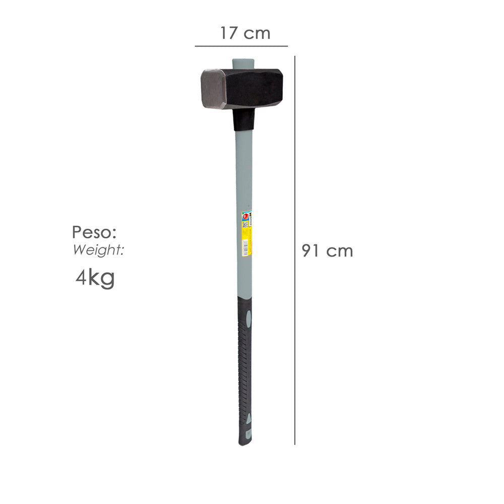Maza con mango fibra vidrio 4 kg. Cabeza forjada, con anillo anti vibración, maza / porro