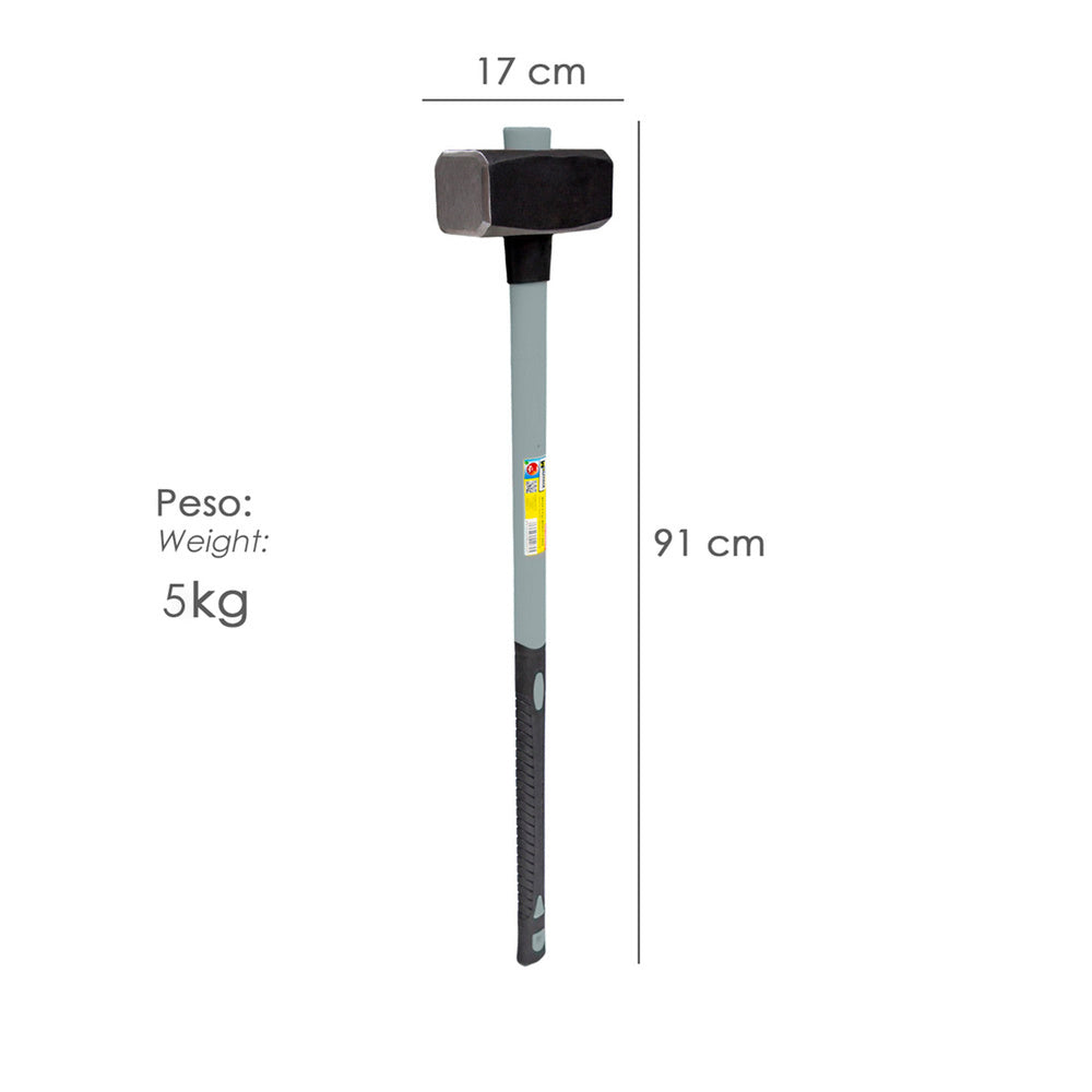 Maza con mango fibra vidrio 5 kg. Cabeza forjada, con anillo anti vibración, maza / porro