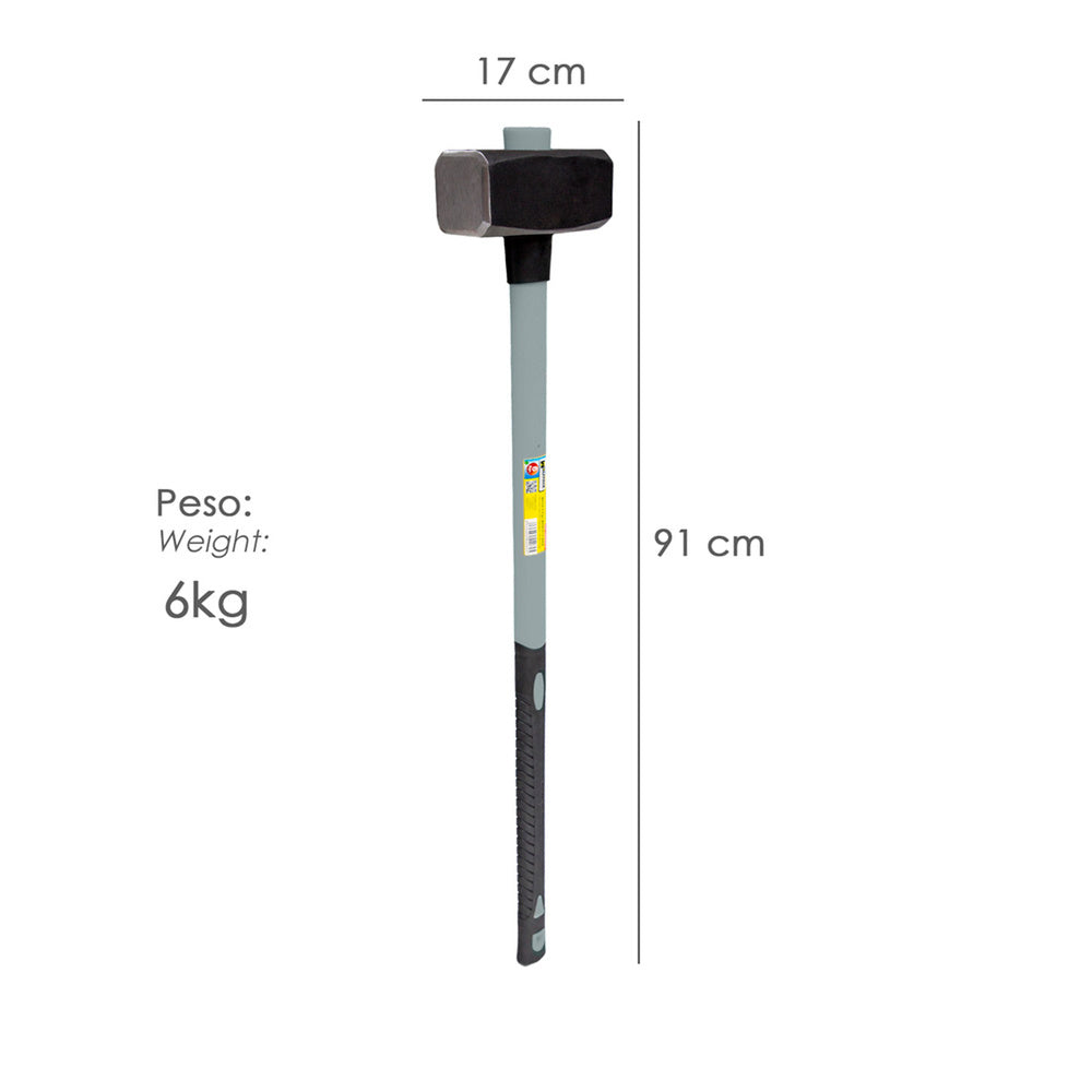 Maza con mango fibra vidrio 6 kg. Cabeza forjada, con anillo anti vibración, maza / porro
