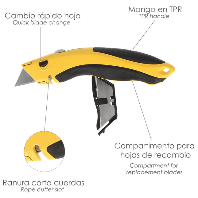 Cutter con hoja retractil de 20 mm. cambio hoja rápido carcasa de aluminio agarre engomado. uso profesional