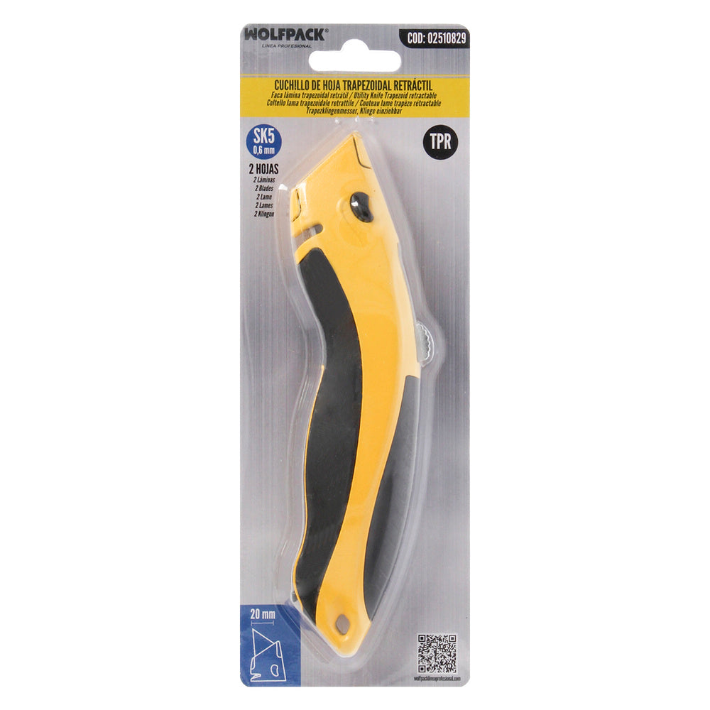 Cutter with 20 mm retractable blade, quick blade change, aluminum housing, rubberized grip. Professional use