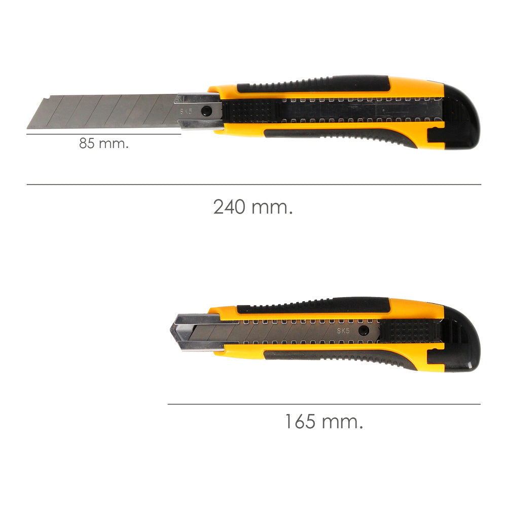 Cutter with 18 mm blade with 2 blades. SK5 steel. Bimaterial rubber grip. Safety push-button blade release. Cutters cutters