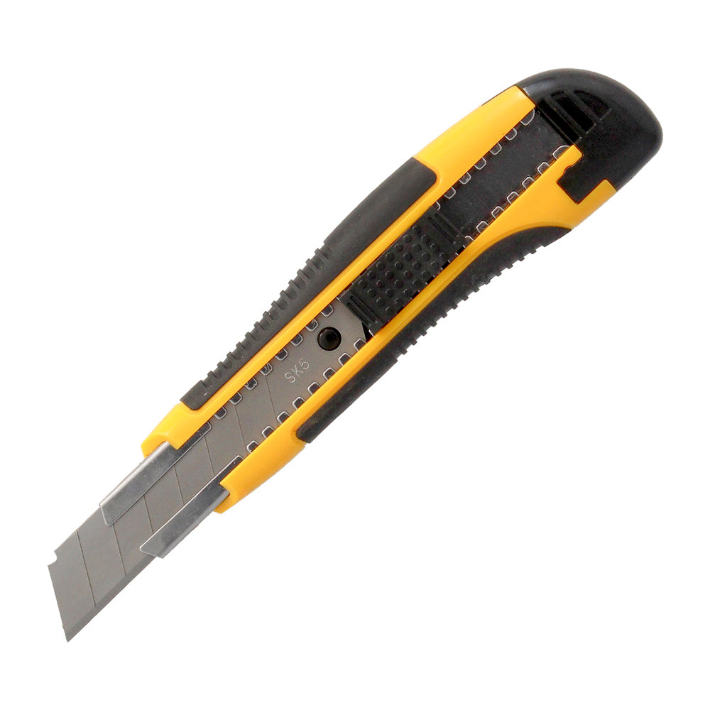 Cutter with 18 mm blade with 2 blades. SK5 steel. Bimaterial rubber grip. Safety push-button blade release. Cutters cutters