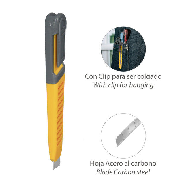 Cutter profesional hoja acero al carbono 9 mm. con clip de sujeción. cuter manualiadades, cutters trabajo,
