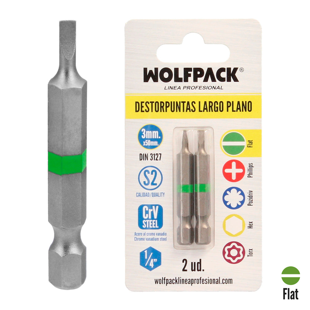 Puntas destornillador largo plano 3 mm (2 piezas). Acero s2 al cromo vanadio. Puntas hexagonales, destorpuntas,