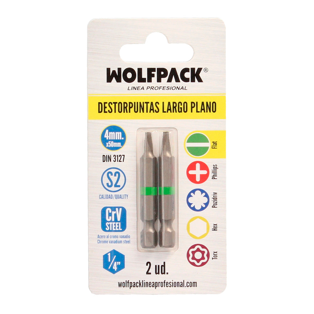 Puntas destornillador largo plano 4 mm (2 piezas). Acero s2 al cromo vanadio. Puntas hexagonales, destorpuntas,