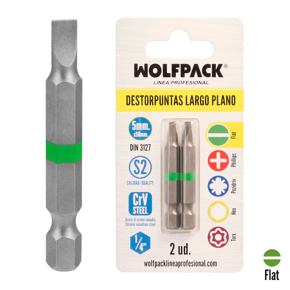 Puntas destornillador largo plano 5 mm (2 piezas). Acero s2 al cromo vanadio. Puntas hexagonales, destorpuntas,