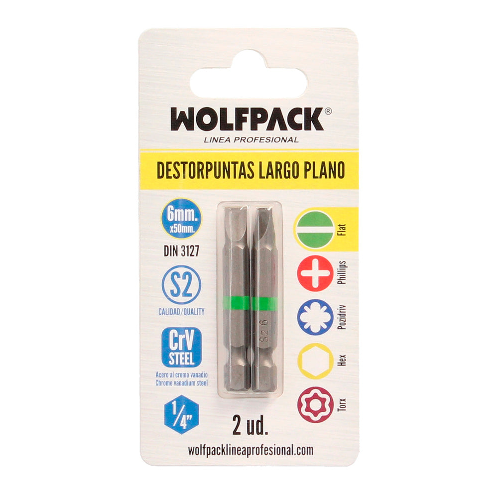 Puntas destornillador largo plano 6 mm (2 piezas). Acero s2 al cromo vanadio. Puntas hexagonales, destorpuntas,
