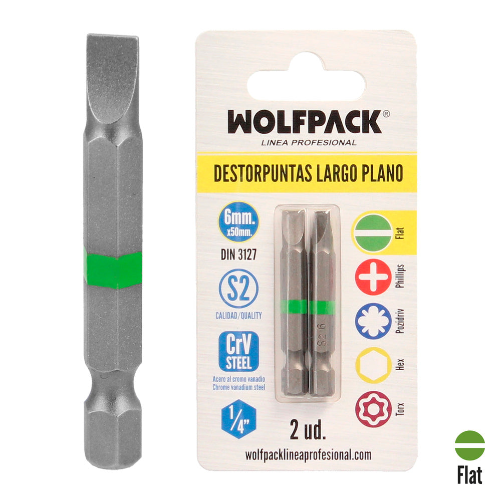 Puntas destornillador largo plano 6 mm (2 piezas). Acero s2 al cromo vanadio. Puntas hexagonales, destorpuntas,
