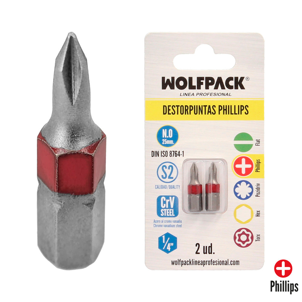 Long Phillips screwdriver bits no. 0 (2 pieces). Chrome vanadium S2 steel. Hex bits, driver bits,