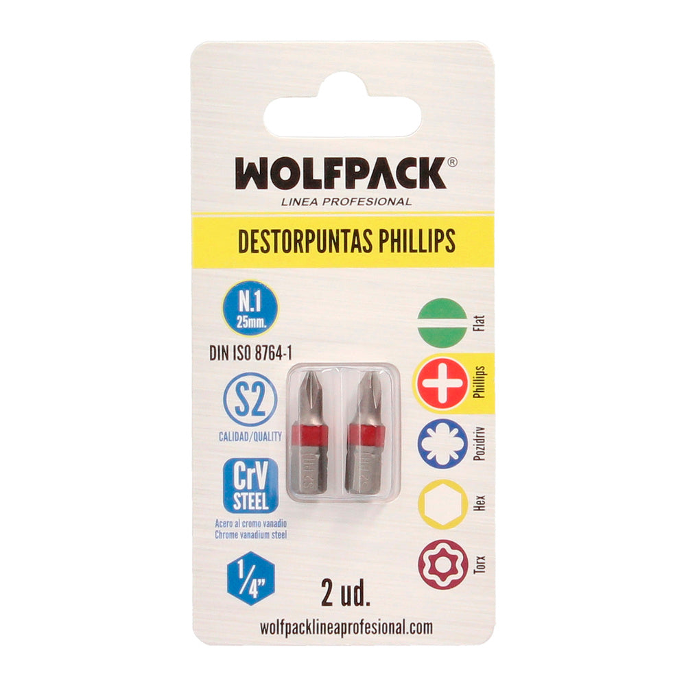 Puntas largas destornillador phillips nº 1 (2 piezas). Acero s2 al cromo vanadio. Puntas hexagonales, destorpuntas,