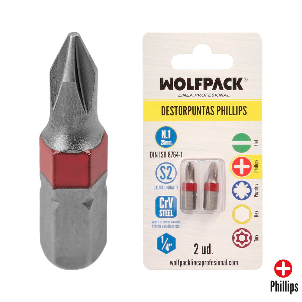 Puntas largas destornillador phillips nº 1 (2 piezas). Acero s2 al cromo vanadio. Puntas hexagonales, destorpuntas,