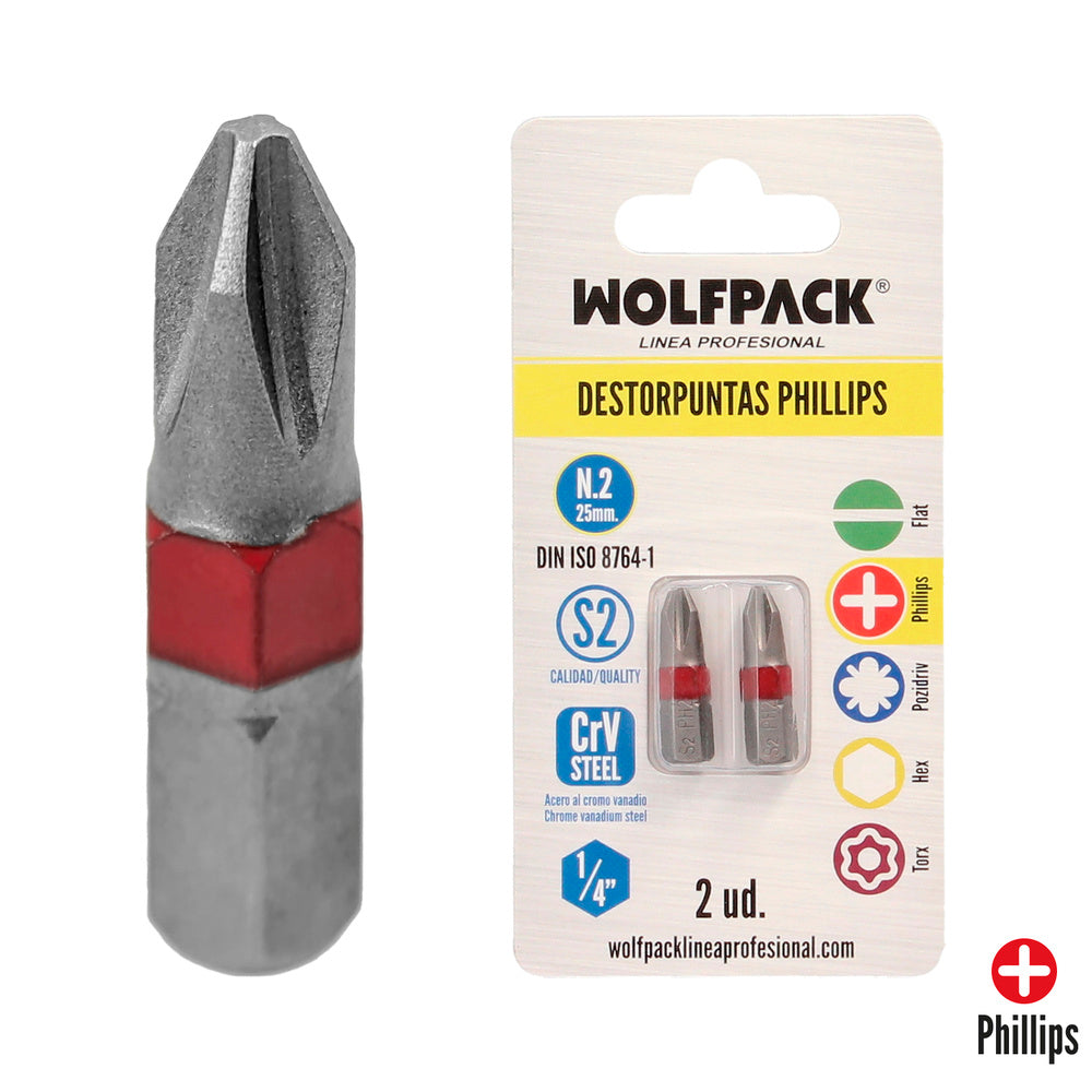 Puntas largas destornillador phillips nº 2 (2 piezas). Acero s2 al cromo vanadio. Puntas hexagonales, destorpuntas,