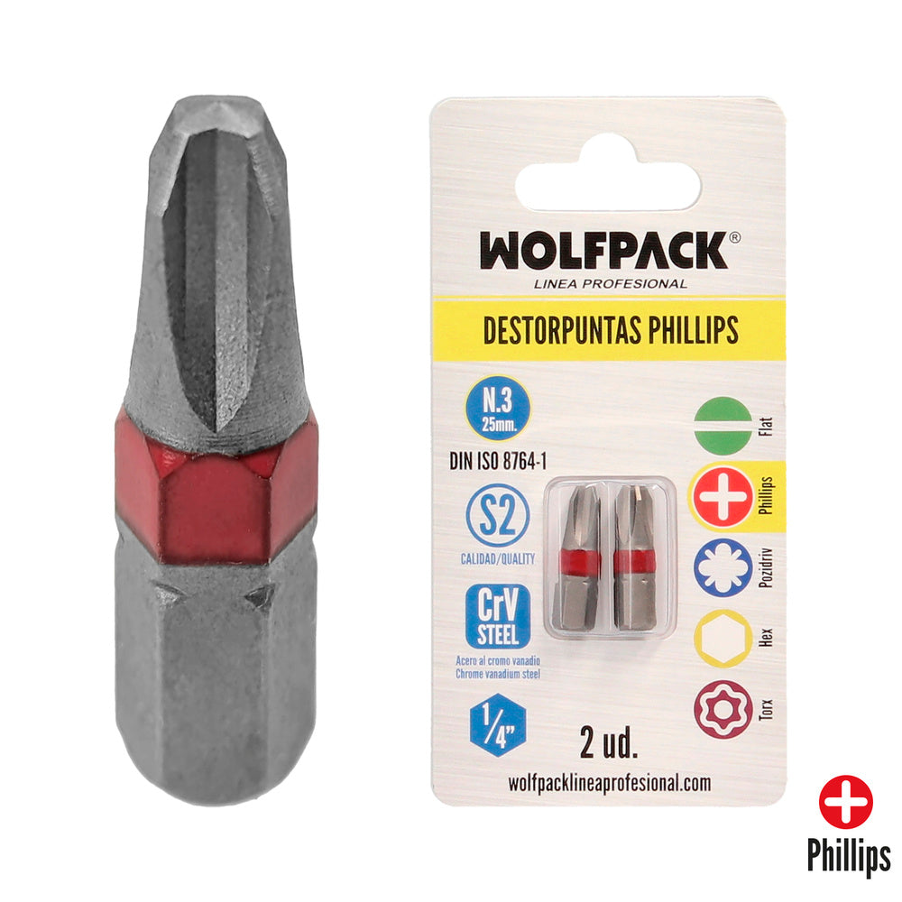 Puntas destornillador phillips nº 3 (2 piezas). Acero s2 al cromo vanadio. Puntas hexagonales, destorpuntas,