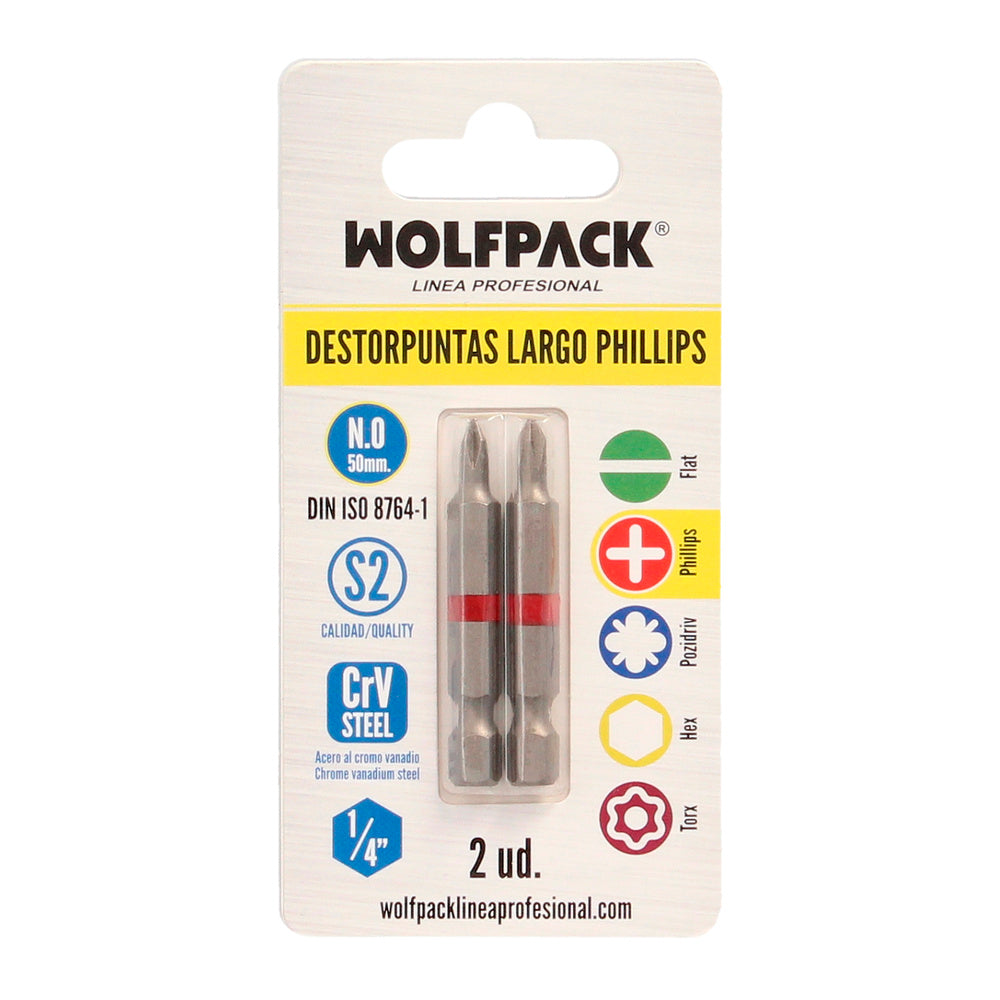 Puntas largas destornillador phillips nº 0 (2 piezas). Acero s2 al cromo vanadio. Puntas hexagonales, destorpuntas,