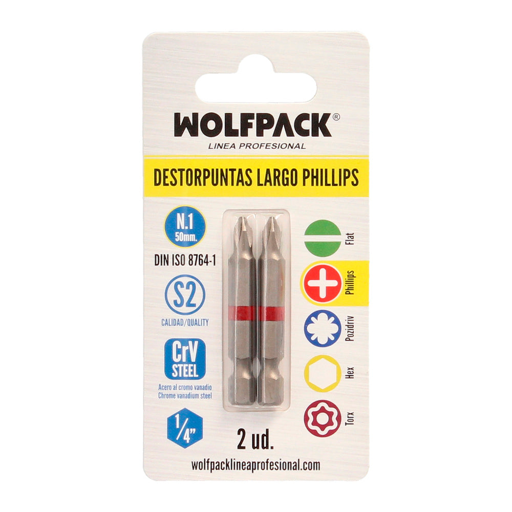 Puntas largas destornillador phillips nº 1 (2 piezas). Acero s2 al cromo vanadio. Puntas hexagonales, destorpuntas,