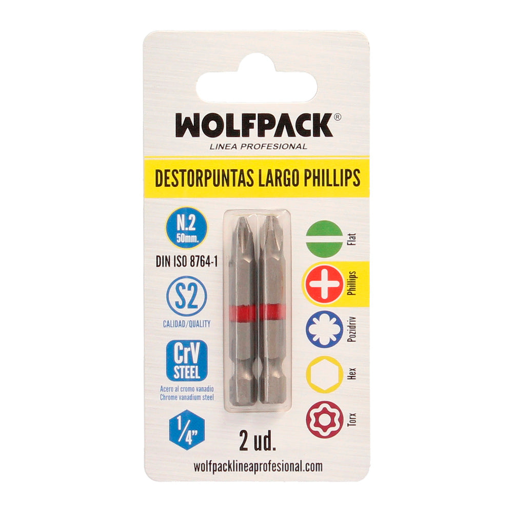 Puntas largas destornillador phillips nº 2 (2 piezas). Acero s2 al cromo vanadio. Puntas hexagonales, destorpuntas,