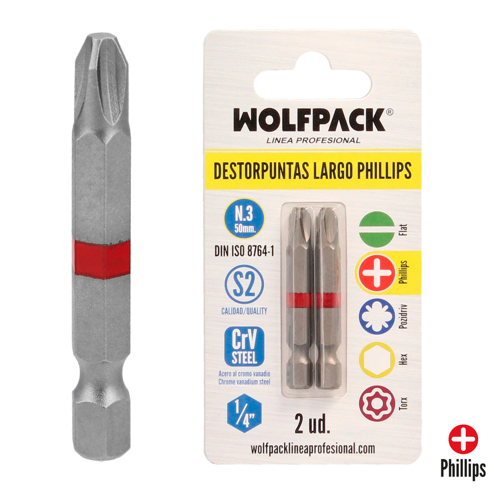 Long Phillips screwdriver bits no. 3 (2 pieces). S2 chrome vanadium steel. Hex bits, driver bits,