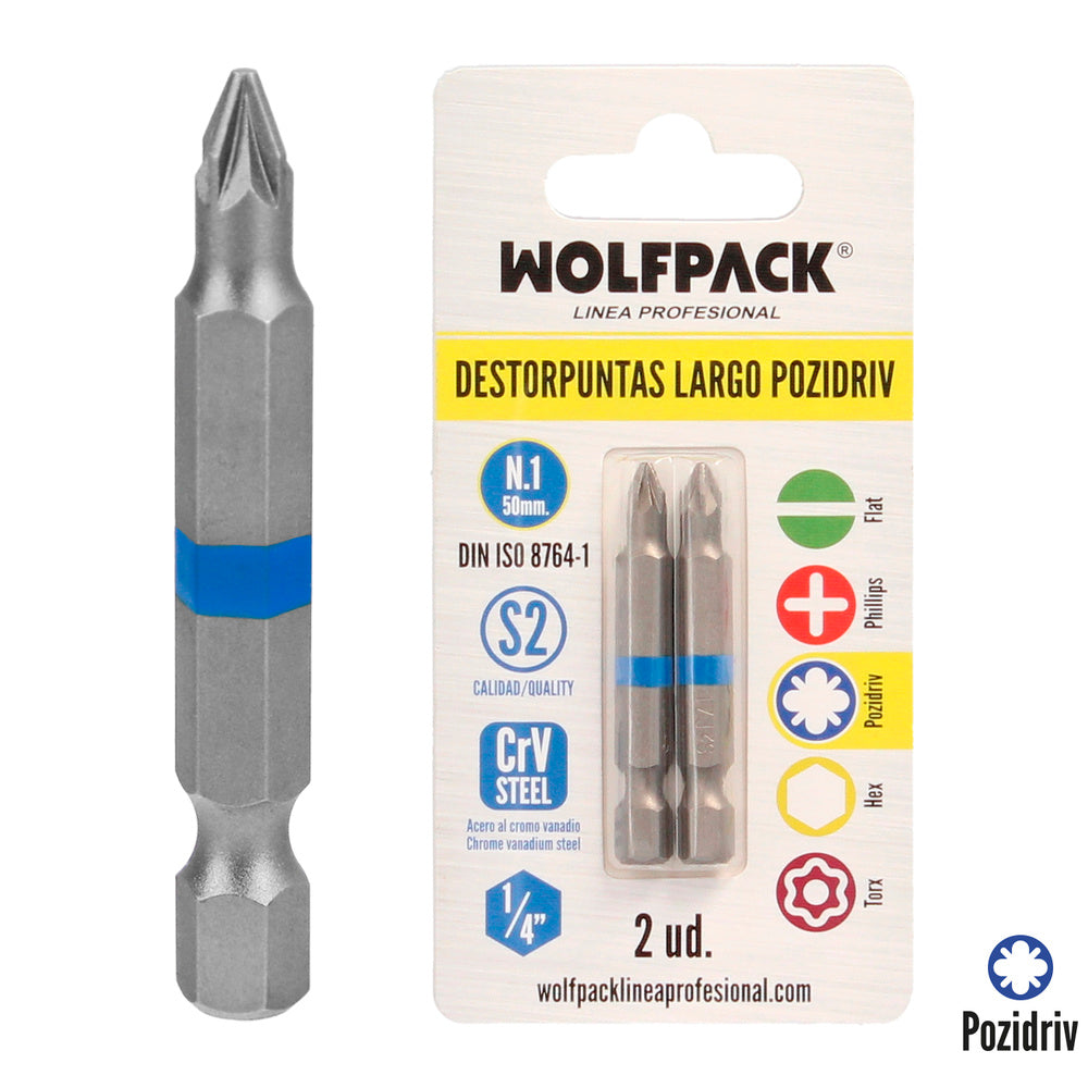 Long Pozidriv screwdriver bits No. 1 (2 pieces) S2 chrome vanadium steel. Hex bits, screwdriver bits,