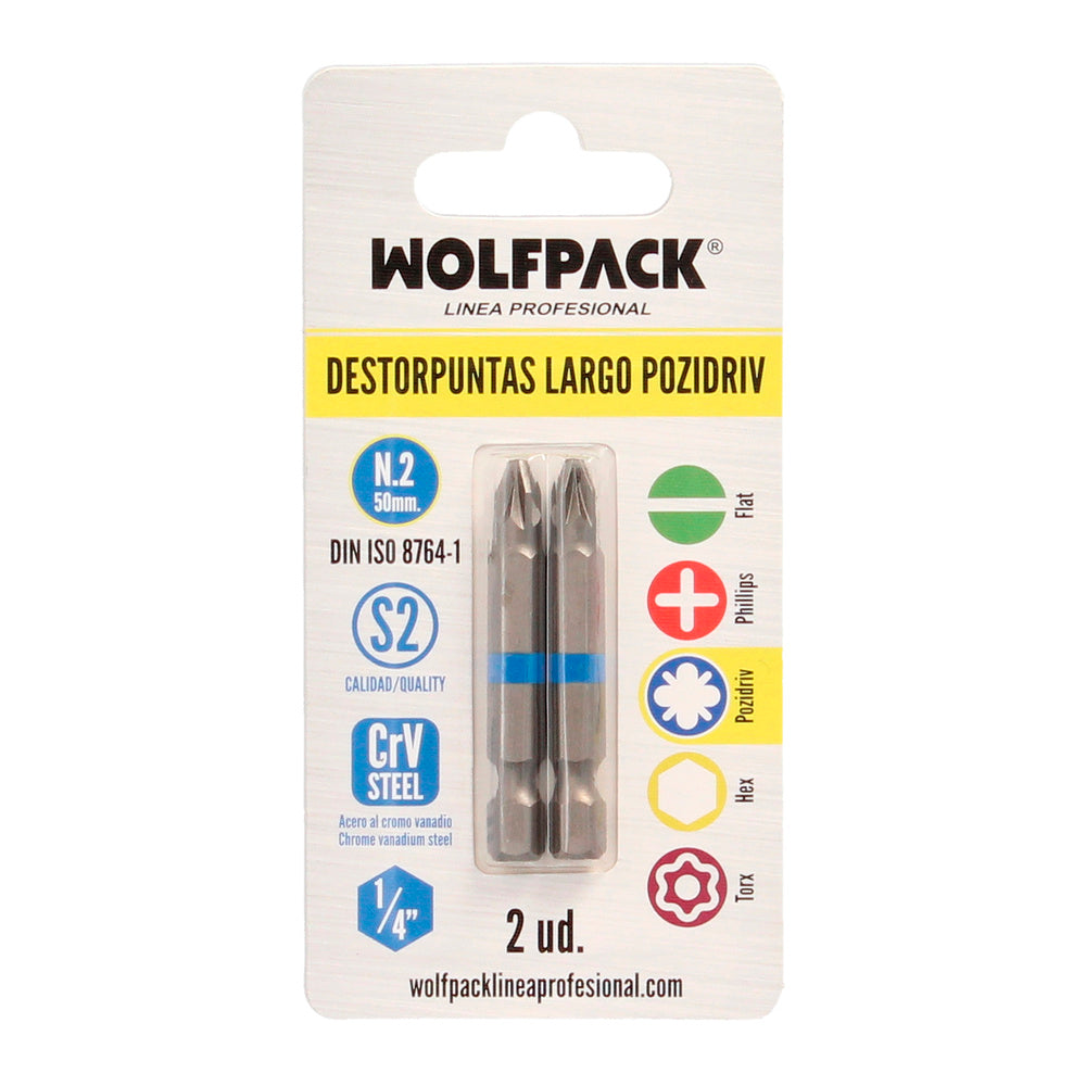 Long Pozidriv screwdriver bits nº 2 (2 pieces) S2 chrome vanadium steel. Hex bits, screwdriver bits,