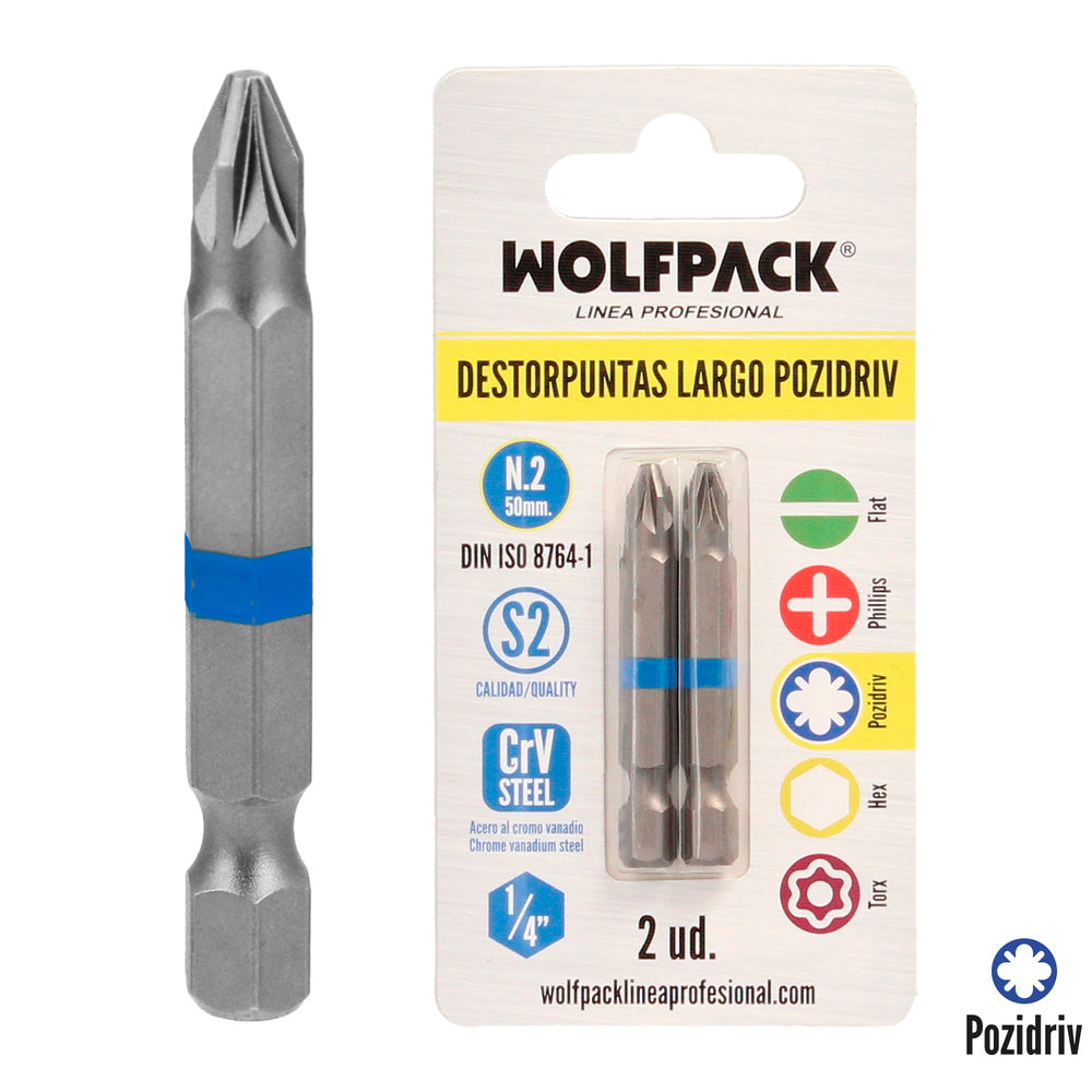 Long Pozidriv screwdriver bits nº 2 (2 pieces) S2 chrome vanadium steel. Hex bits, screwdriver bits,