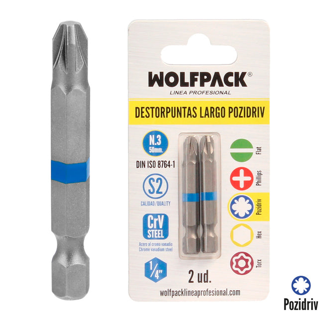 Destorpuntas largo pozidriv nº 3 (2 piezas) acero S2 al cromo vanadio. puntas hexagonales, destorpuntas,