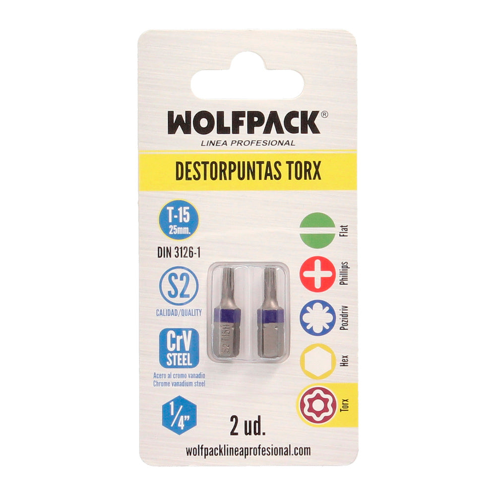 Puntas destornillador torx 15 inviolable (2 piezas). Acero s2 al cromo vanadio. Puntas hexagonales, destorpuntas,