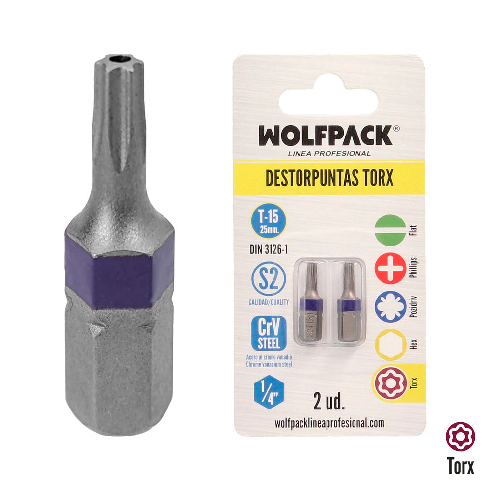 Puntas destornillador torx 15 inviolable (2 piezas). Acero s2 al cromo vanadio. Puntas hexagonales, destorpuntas,