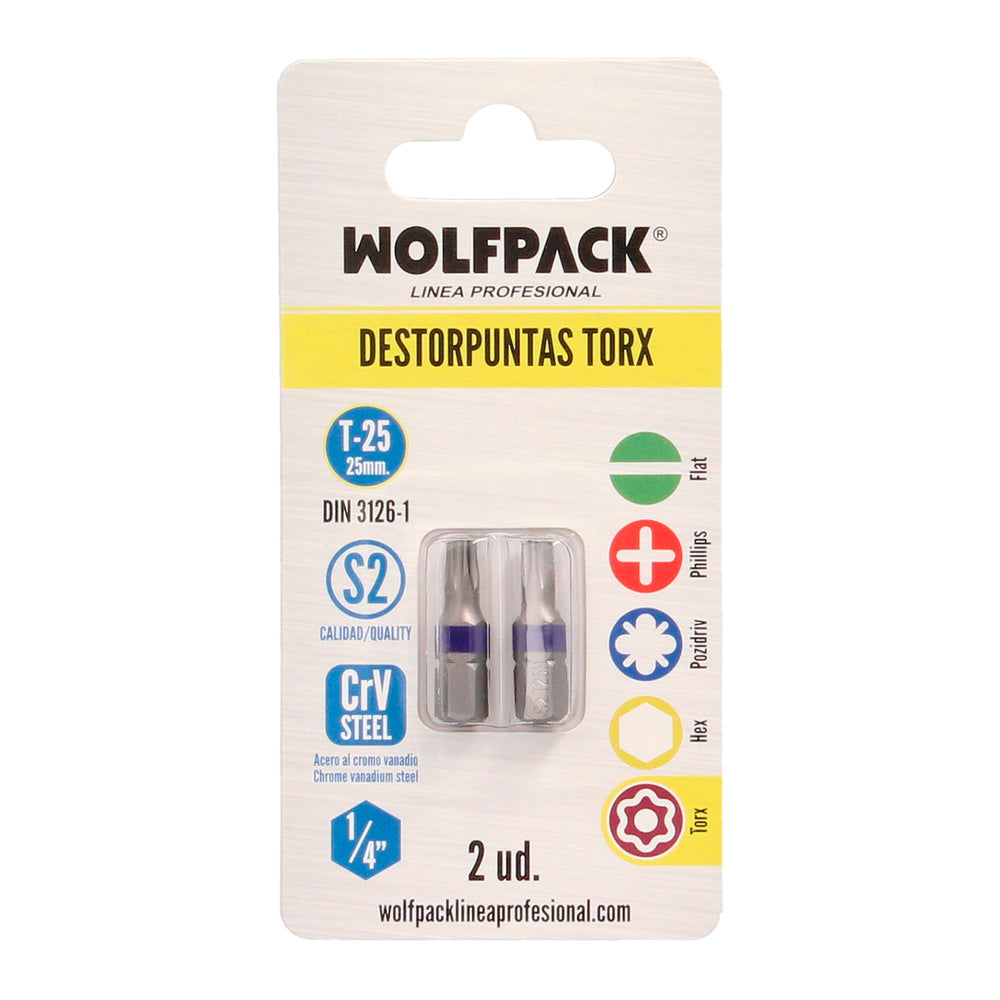 Puntas destornillador torx 25 inviolable (2 piezas). Acero s2 al cromo vanadio. Puntas hexagonales, destorpuntas,