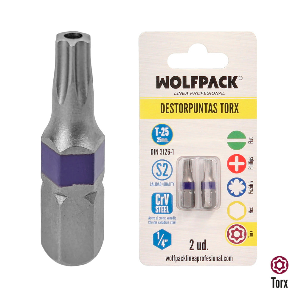 Puntas destornillador torx 25 inviolable (2 piezas). Acero s2 al cromo vanadio. Puntas hexagonales, destorpuntas,