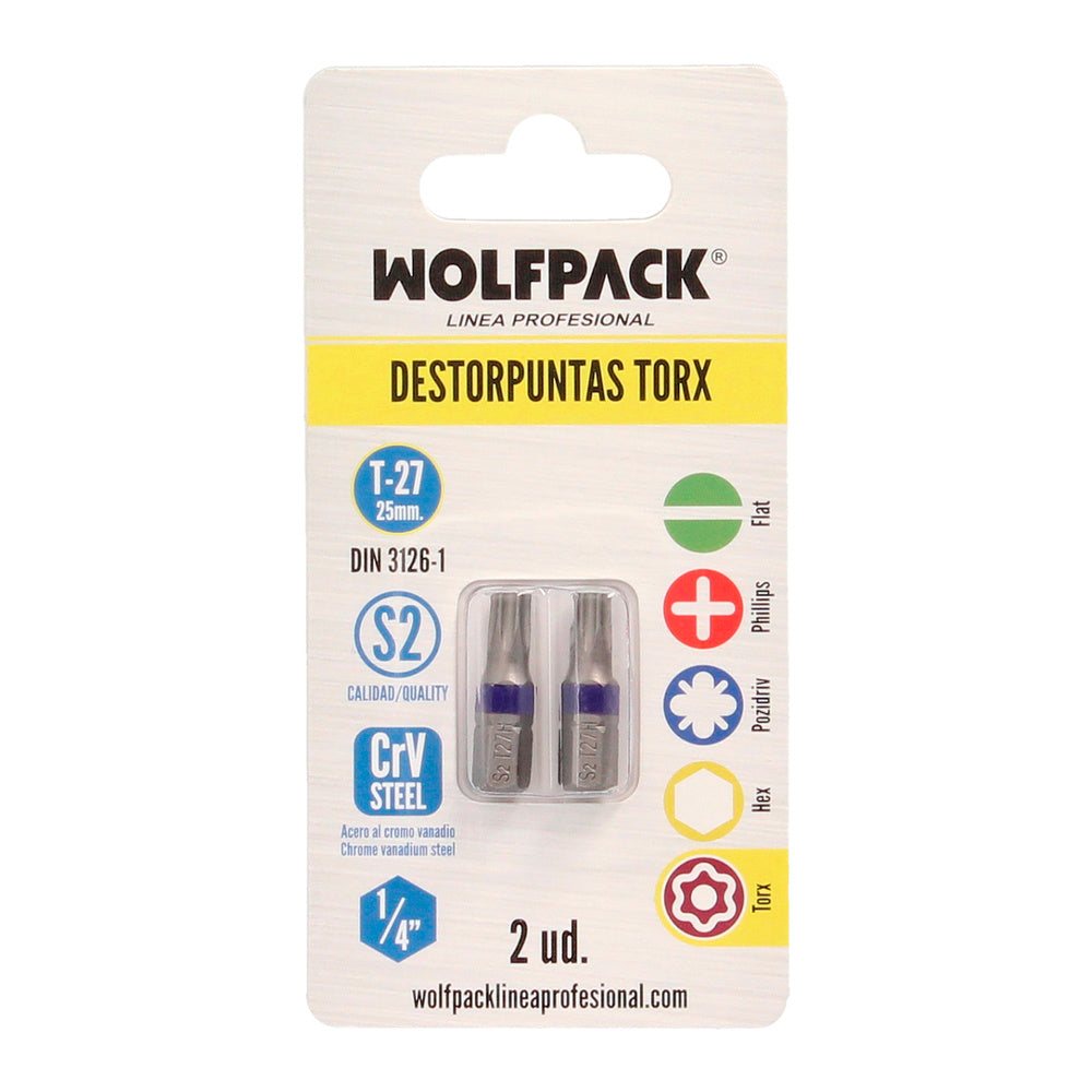 Puntas destornillador torx 27 inviolable (2 piezas). Acero s2 al cromo vanadio. Puntas hexagonales, destorpuntas,