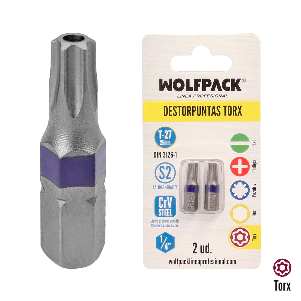 Puntas destornillador torx 27 inviolable (2 piezas). Acero s2 al cromo vanadio. Puntas hexagonales, destorpuntas,