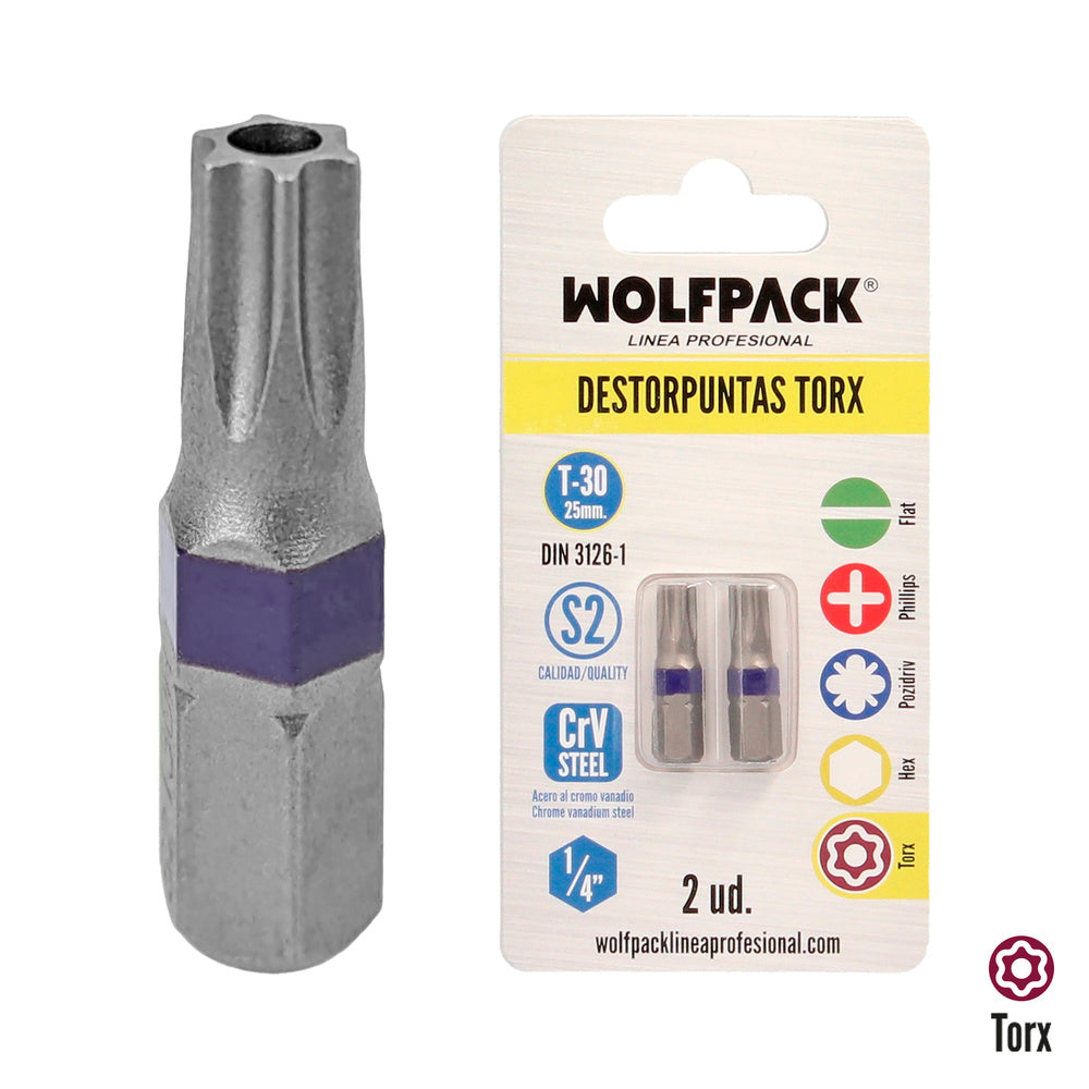 Puntas destornillador torx 30 inviolable (2 piezas). Acero s2 al cromo vanadio. Puntas hexagonales, destorpuntas,