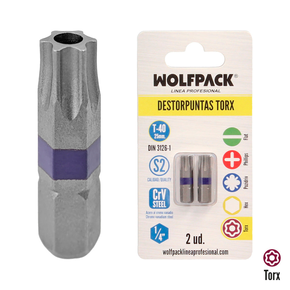 Puntas destornillador torx 40 inviolable (2 piezas). Acero s2 al cromo vanadio. Puntas hexagonales, destorpuntas,