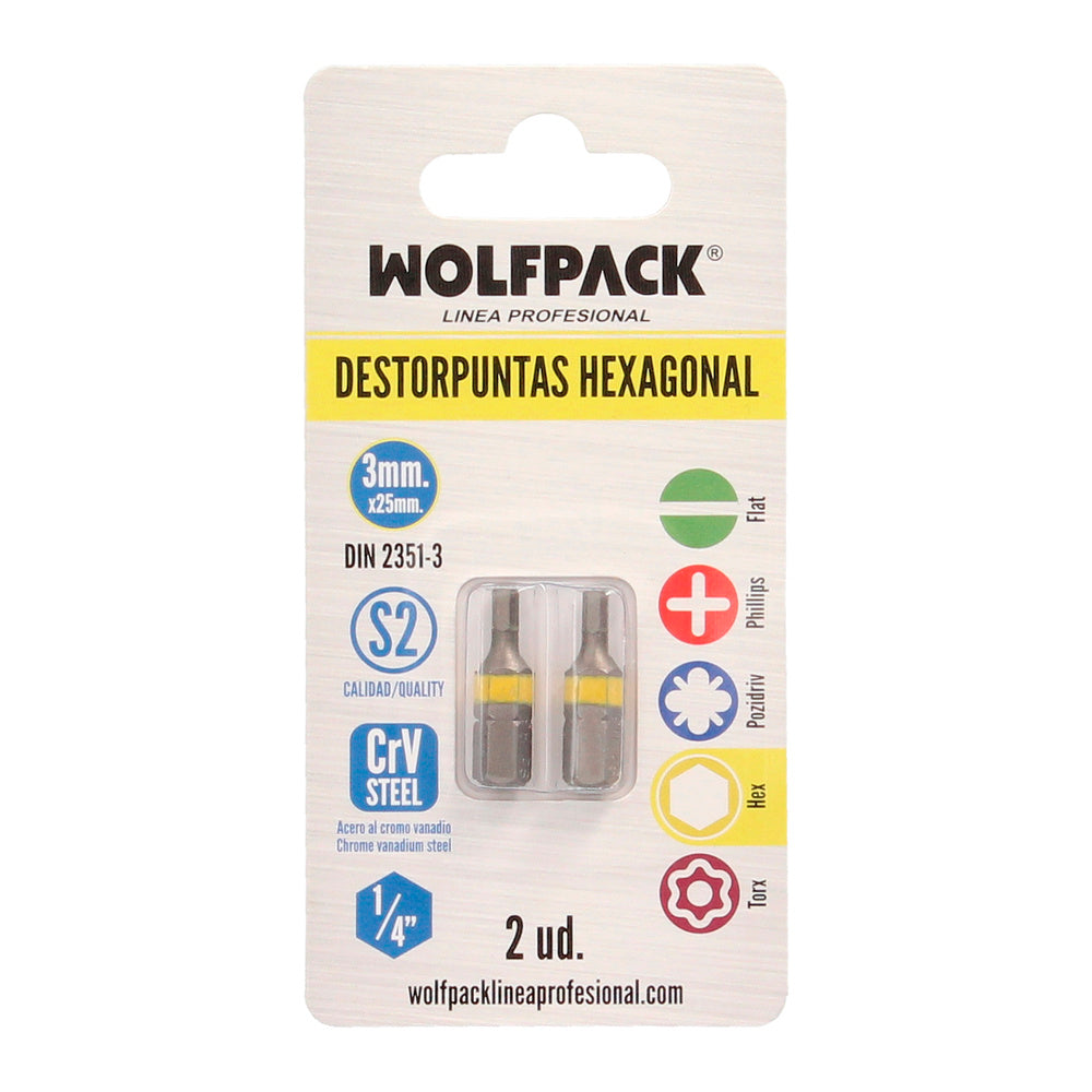 Puntas destornillador hexagonal 3,0 mm (2 piezas). Acero s2 al cromo vanadio. Puntas hexagonales, destorpuntas,