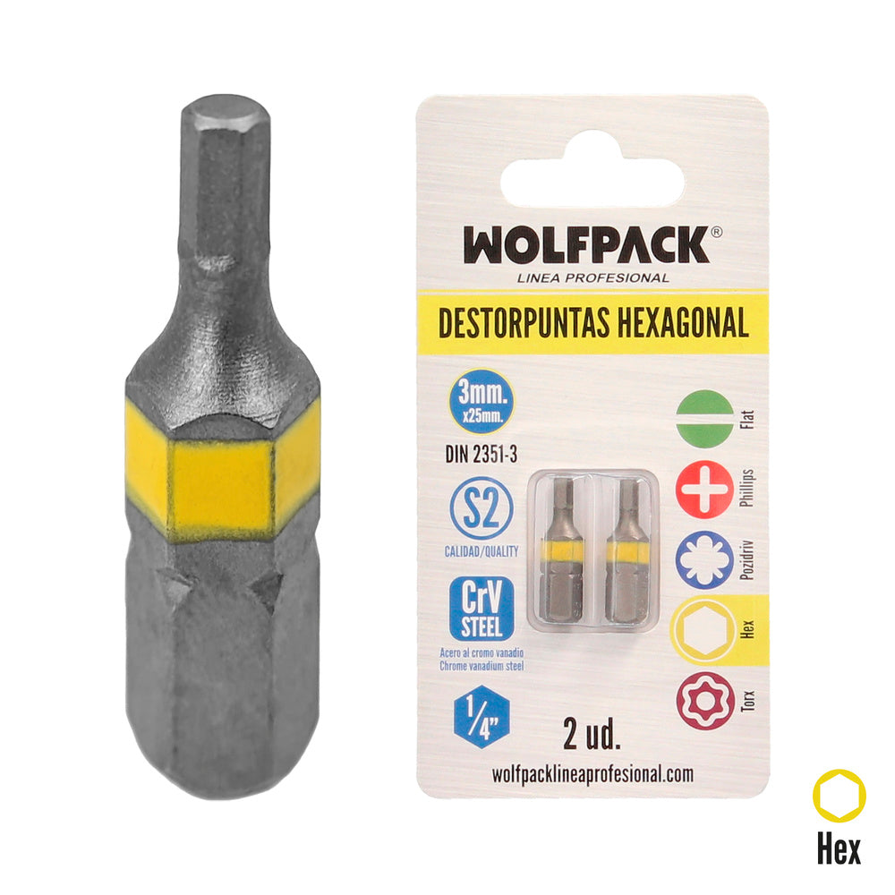 Puntas destornillador hexagonal 3,0 mm (2 piezas). Acero s2 al cromo vanadio. Puntas hexagonales, destorpuntas,