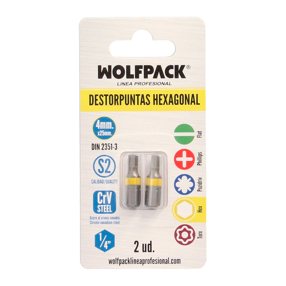Puntas destornillador hexagonal 4,0 mm (2 piezas). Acero s2 al cromo vanadio. Puntas hexagonales, destorpuntas,