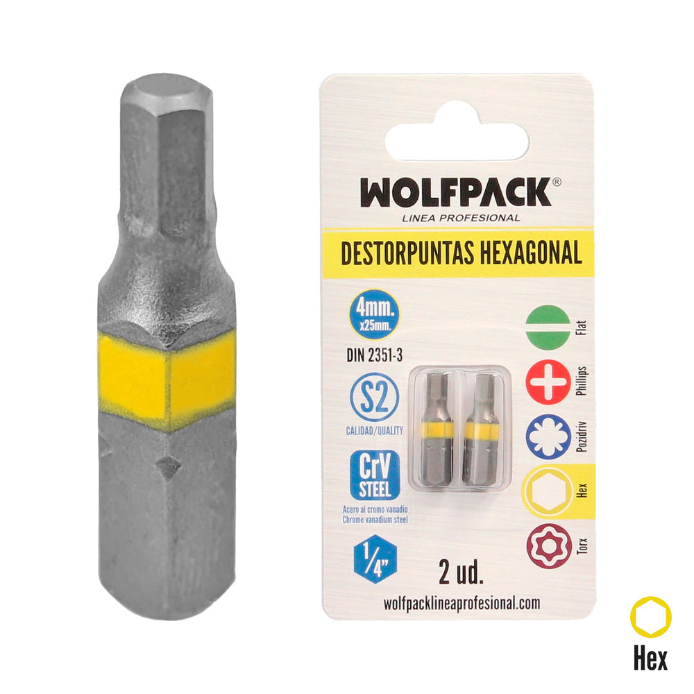 Puntas destornillador hexagonal 4,0 mm (2 piezas). Acero s2 al cromo vanadio. Puntas hexagonales, destorpuntas,