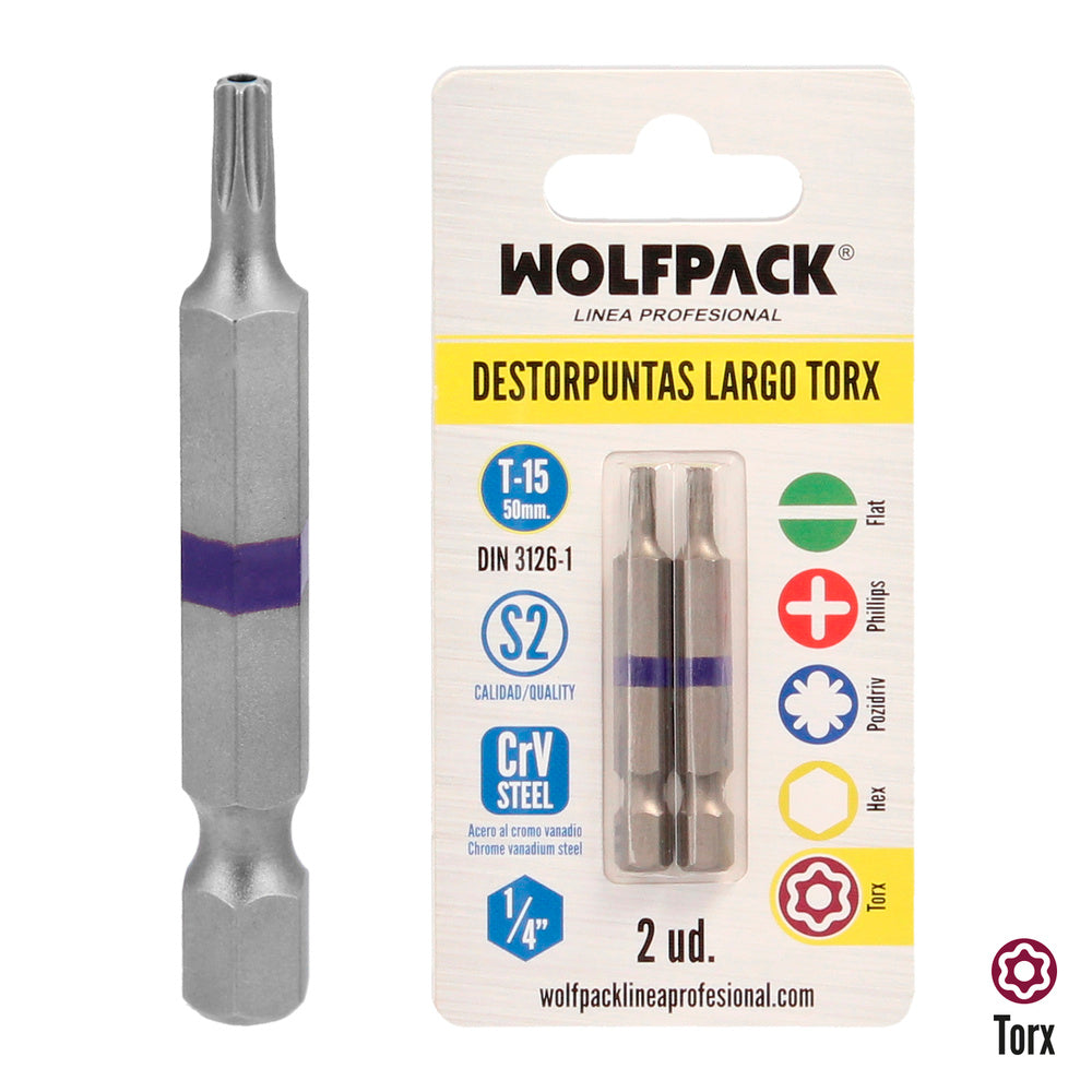Puntas largas destornillador torx t15 (2 piezas). Acero s2 al cromo vanadio. Puntas hexagonales, destorpuntas,