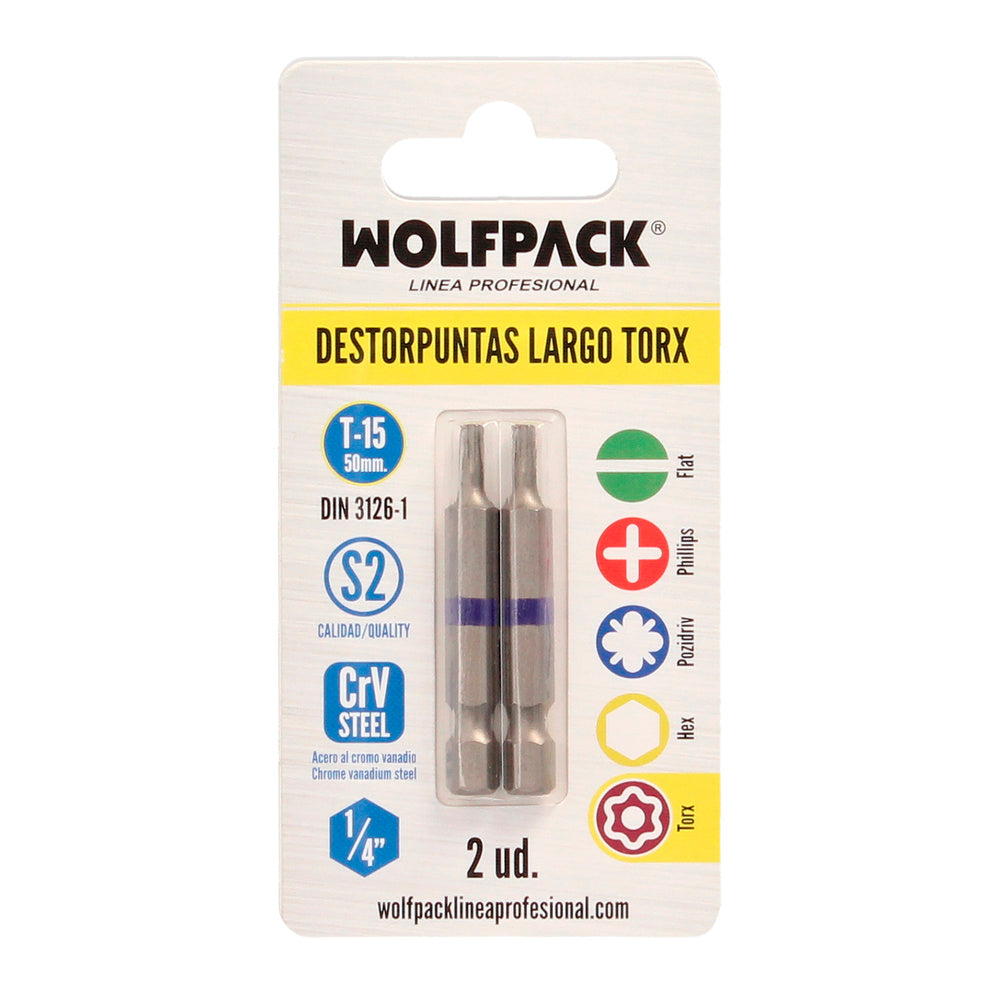 Puntas largas destornillador torx t15 (2 piezas). Acero s2 al cromo vanadio. Puntas hexagonales, destorpuntas,