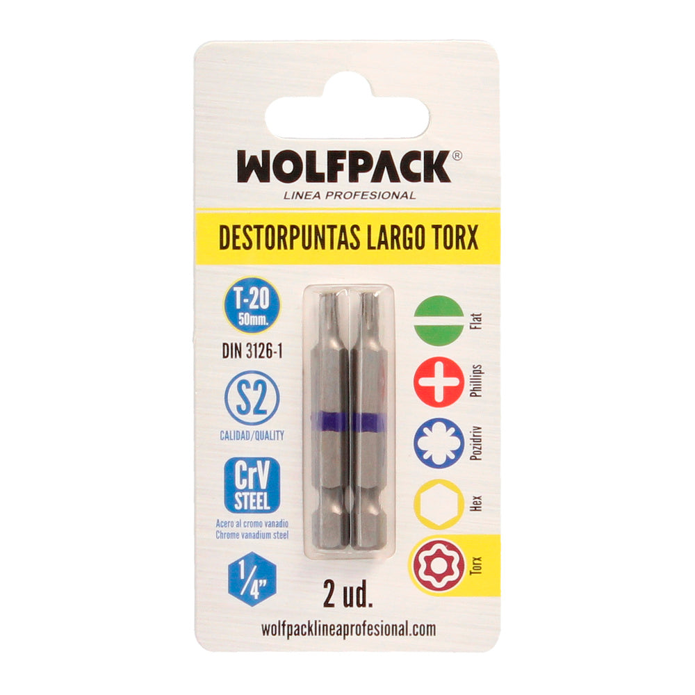 Puntas largas destornillador torx t20 (2 piezas). Acero s2 al cromo vanadio. Puntas hexagonales, destorpuntas,