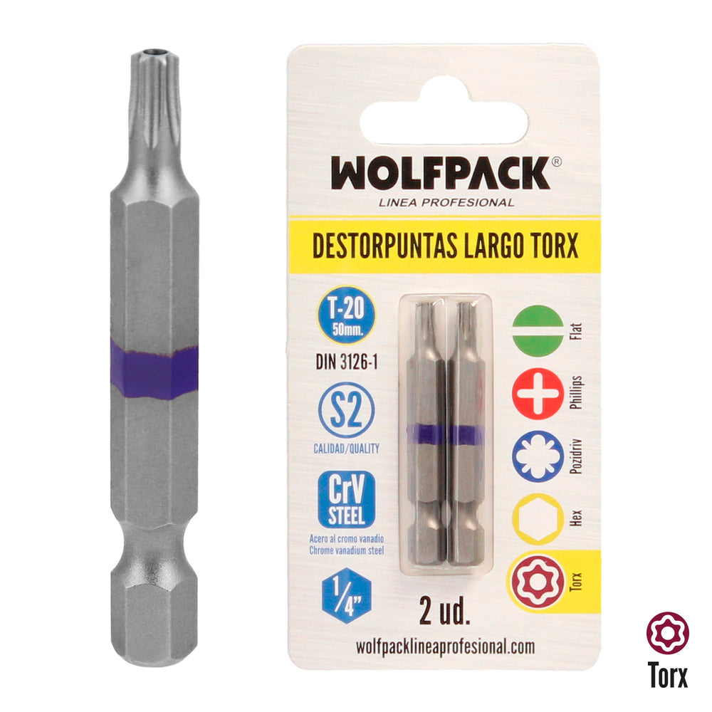 Puntas largas destornillador torx t20 (2 piezas). Acero s2 al cromo vanadio. Puntas hexagonales, destorpuntas,